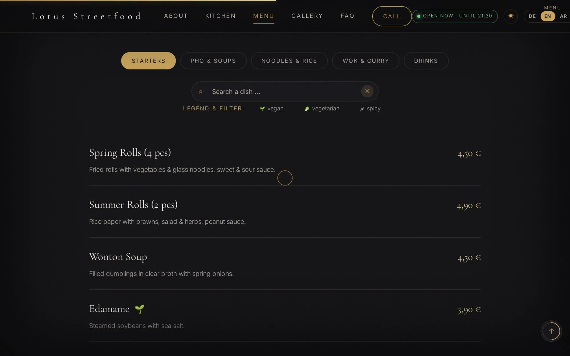 Screenshot: Lotus Streetfood — A menu in four languages