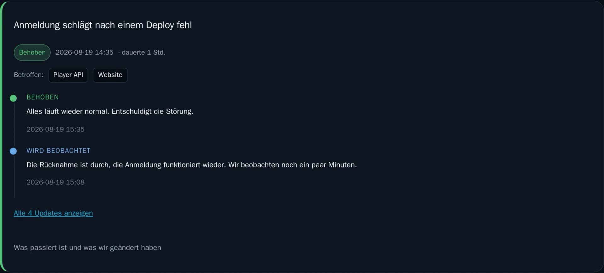 Bildschirmfoto: Störungsmeldung in StatusForge mit Statusverlauf von „wird untersucht" bis „behoben"
