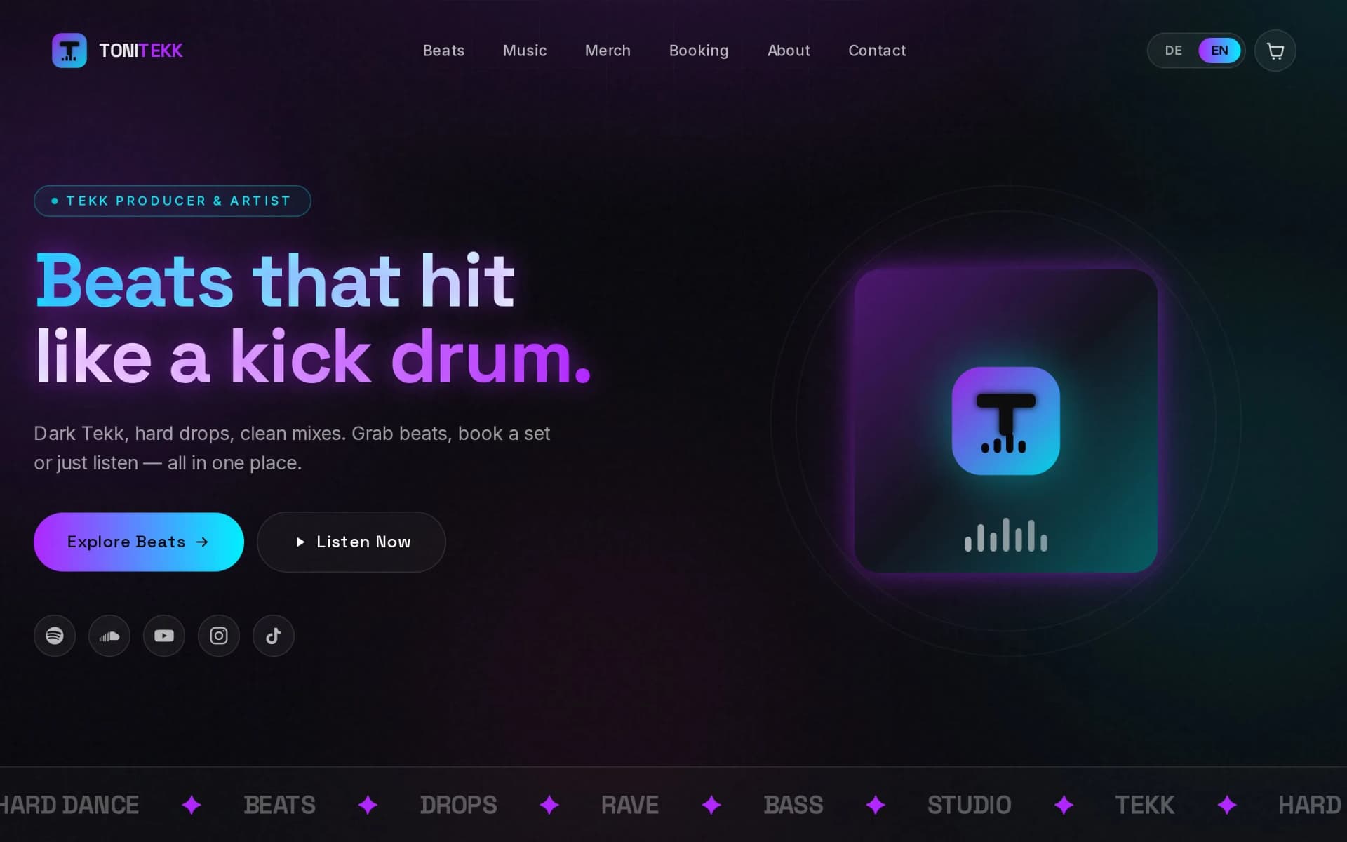 Screenshot: TONI TEKK — Beats, Bookings, Merch