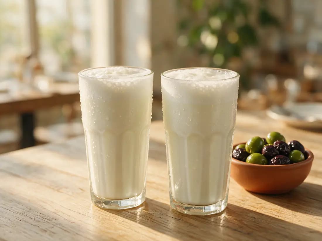 Zwei Gläser hausgemachter Ayran mit Oliven
