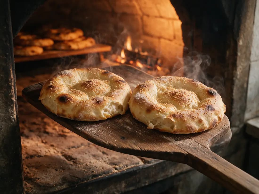 Frisches Fladenbrot mit Sesam aus dem Steinofen