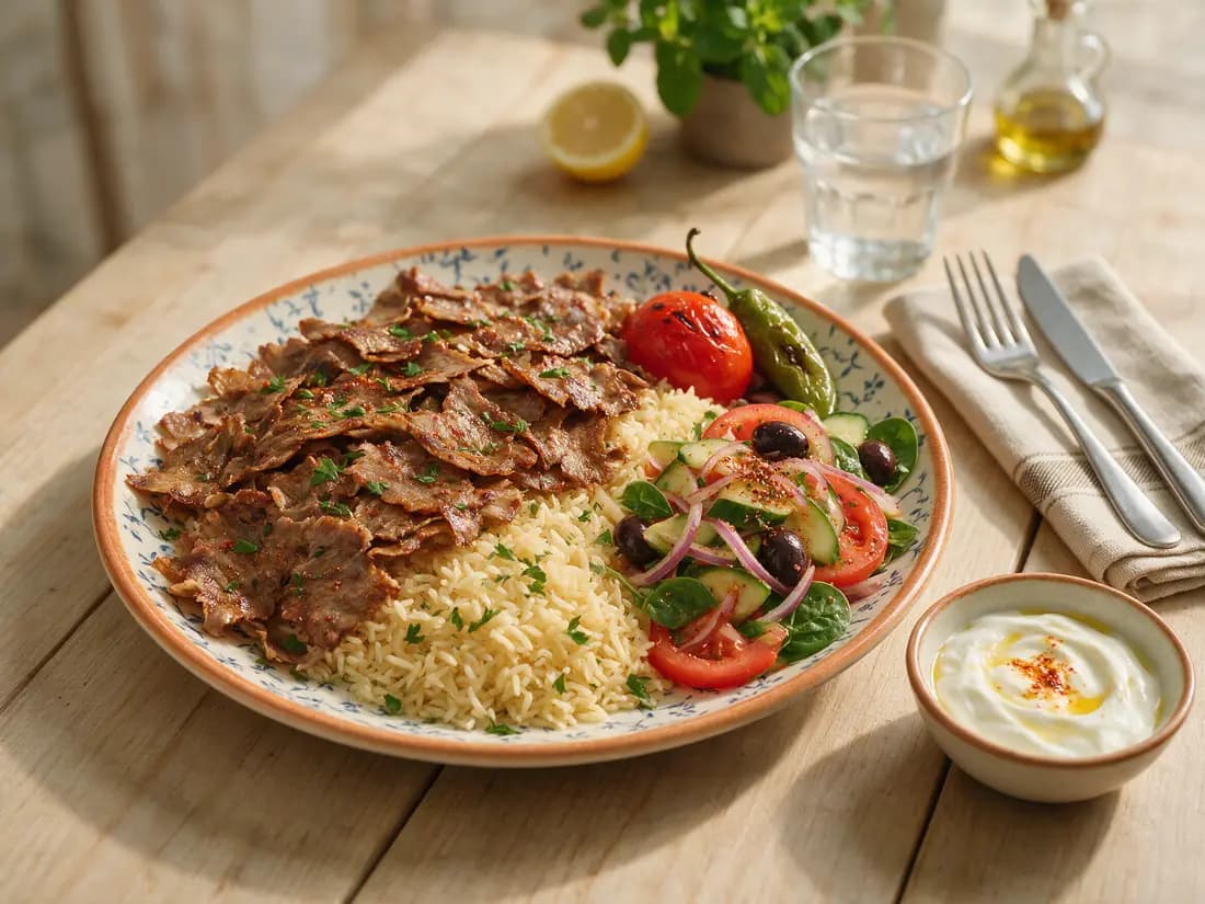 Dönerteller mit Reis, Salat und Joghurtsoße