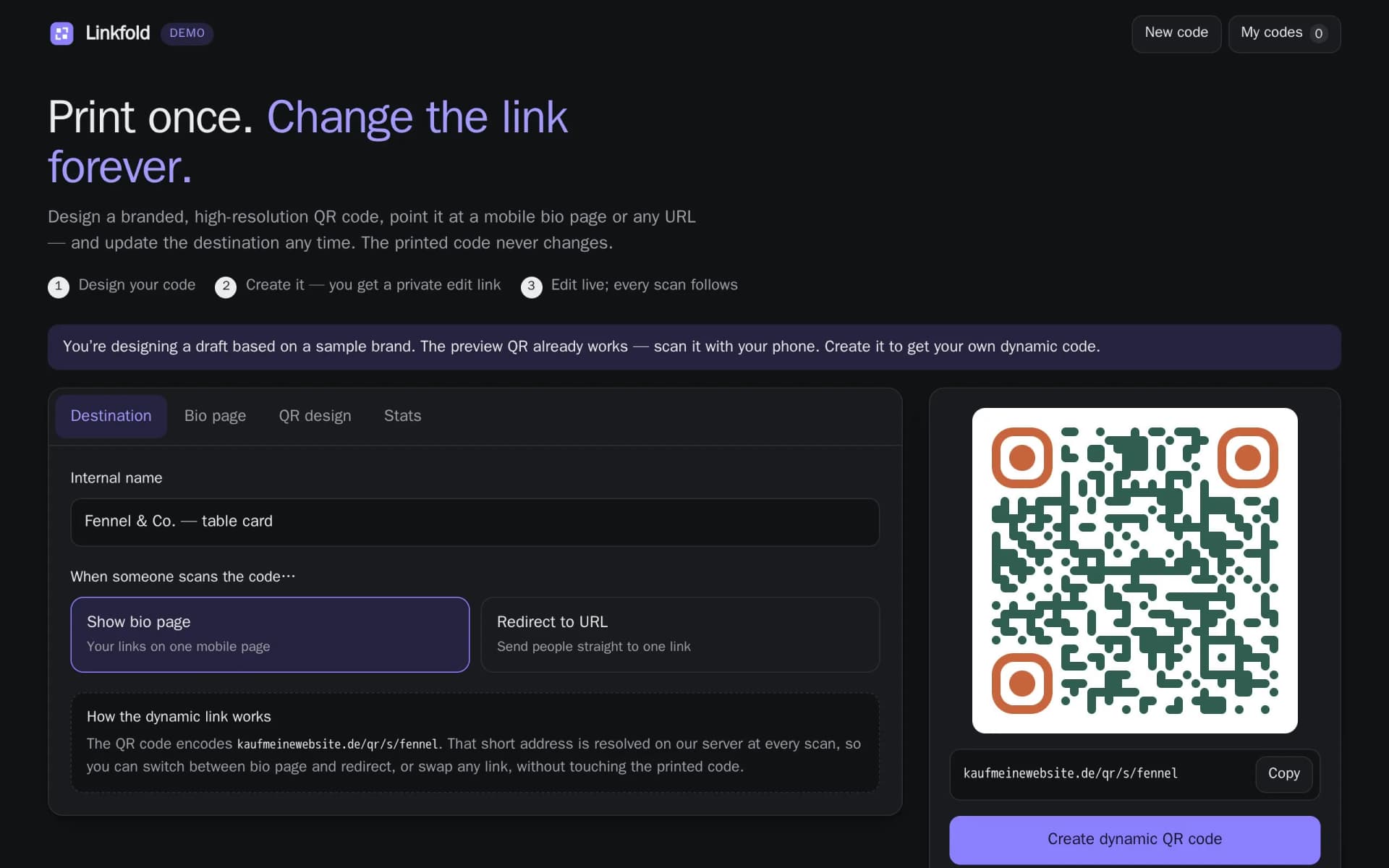 Vorschau: Linkfold — QR-Codes, die man nie neu drucken muss