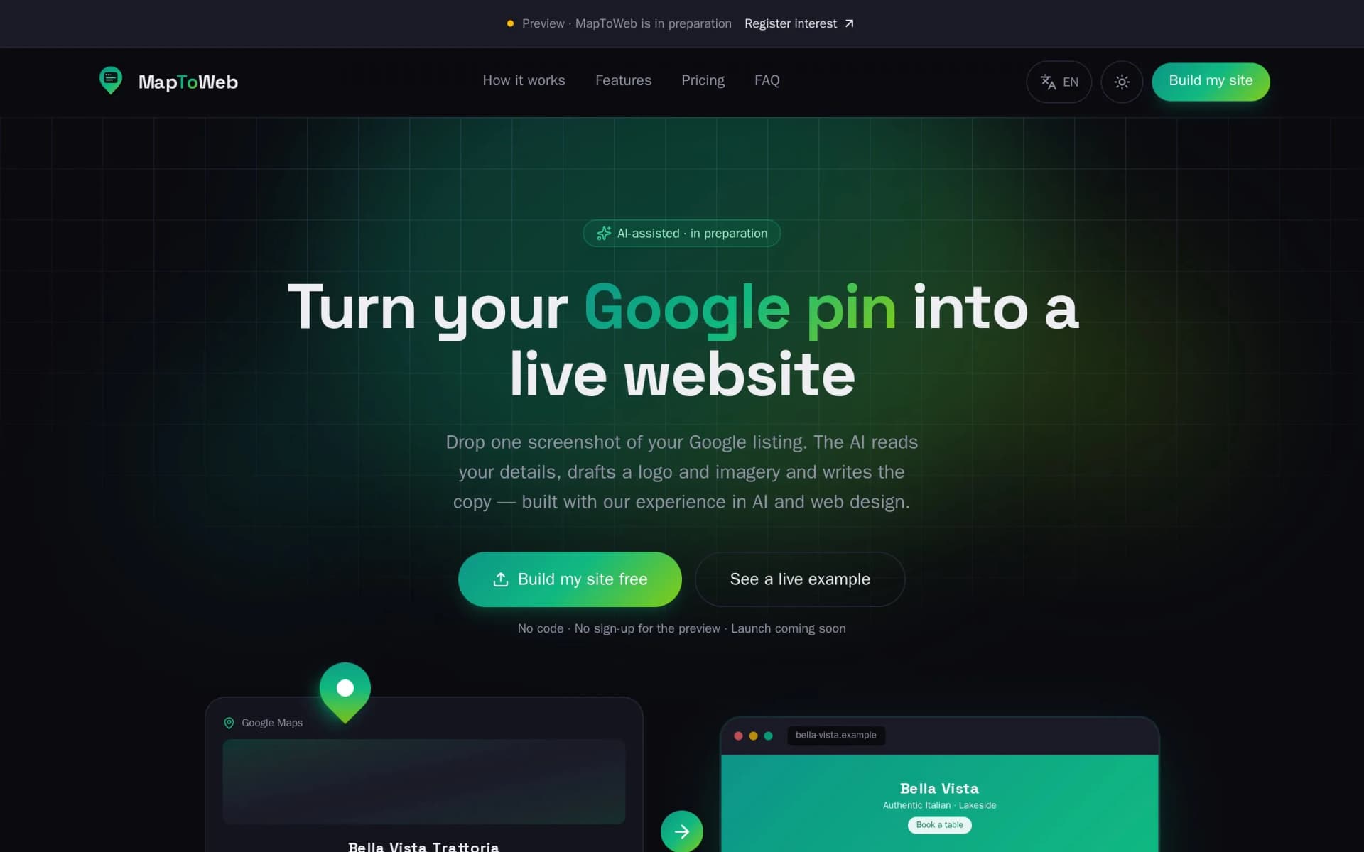 Screenshot: MapToWeb — From a Google listing to a website