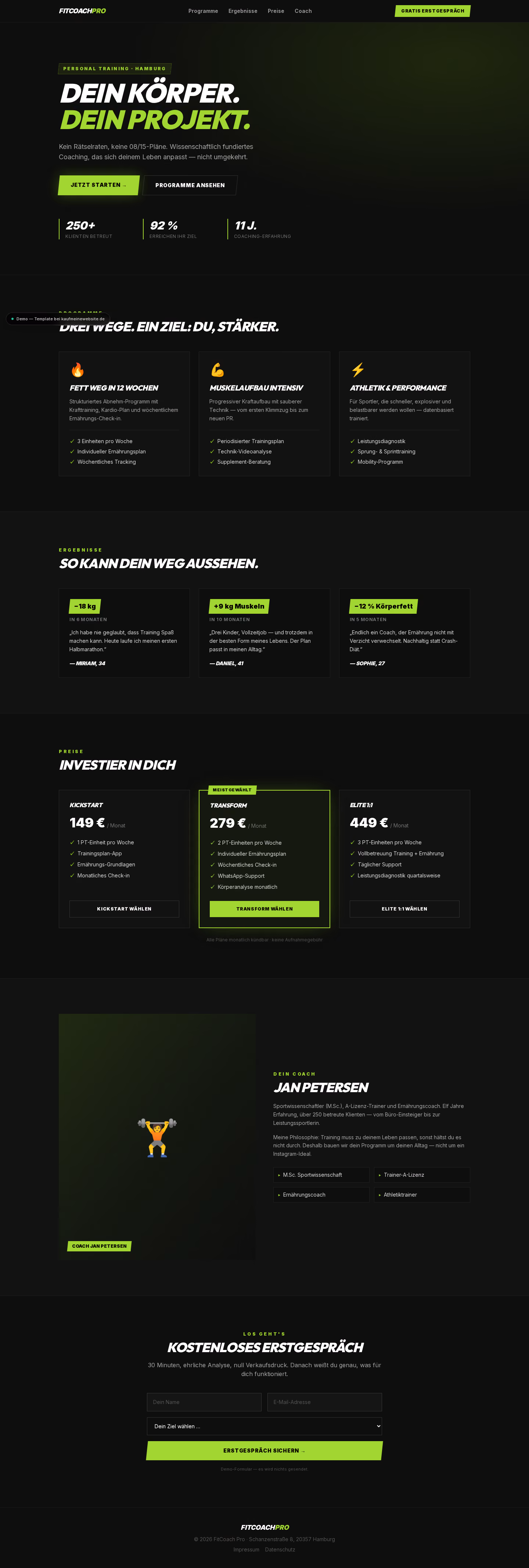 Ganzseitige Aufnahme: FitCoach Pro — One-Page für Personal Trainer