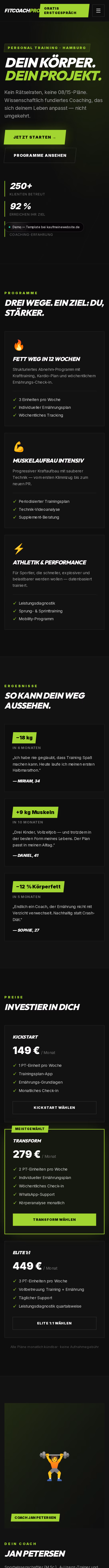 Ganzseitige Aufnahme: FitCoach Pro — One-Page für Personal Trainer
