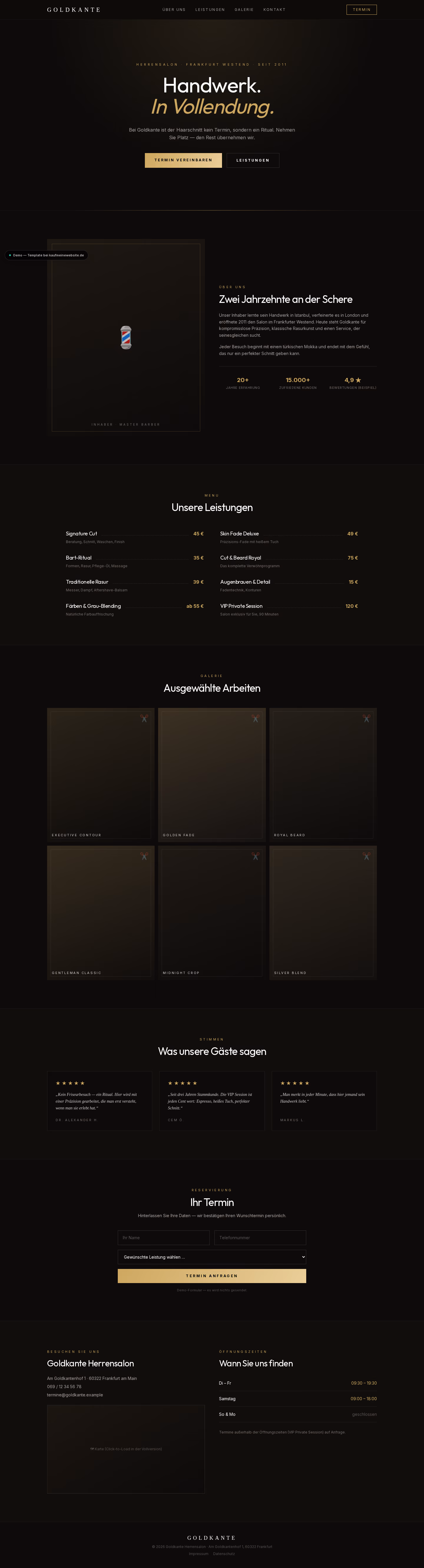 Full-page capture: Goldkante — Men’s salon in black and gold