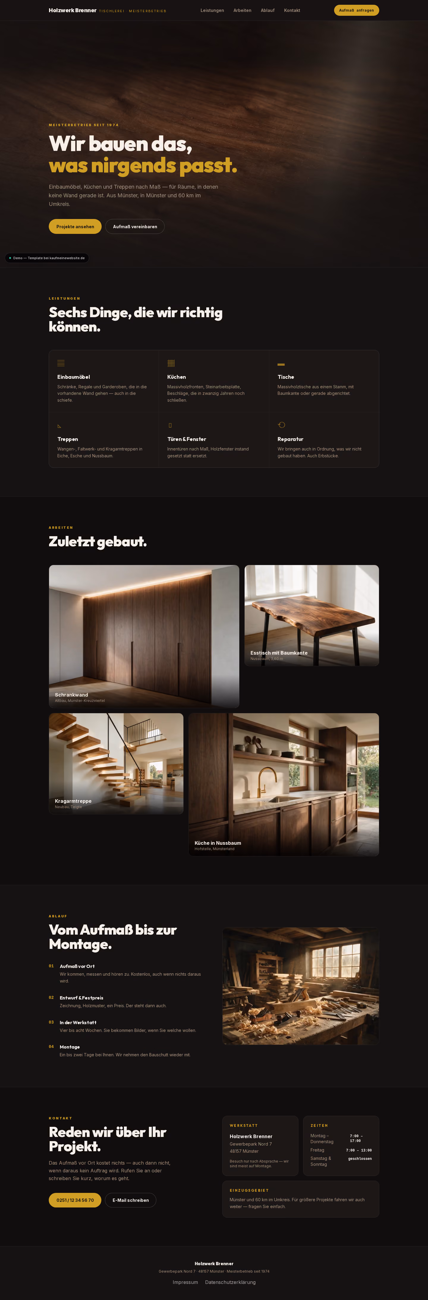 Full-page capture: Holzwerk — Joinery in raking light