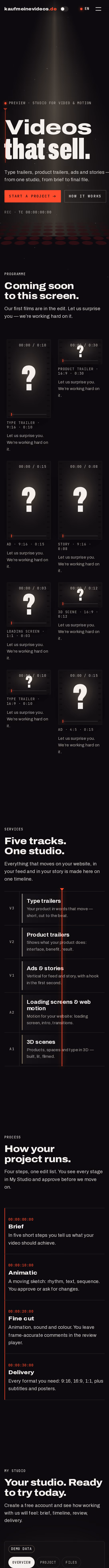 Full-page capture: kaufmeinevideos.de — Videos that sell
