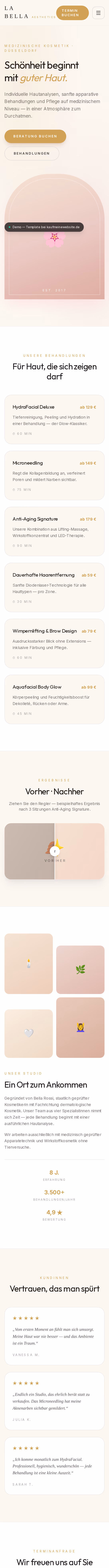 Ganzseitige Aufnahme: La Bella Aesthetics — Kosmetikstudio in Rosé und Gold