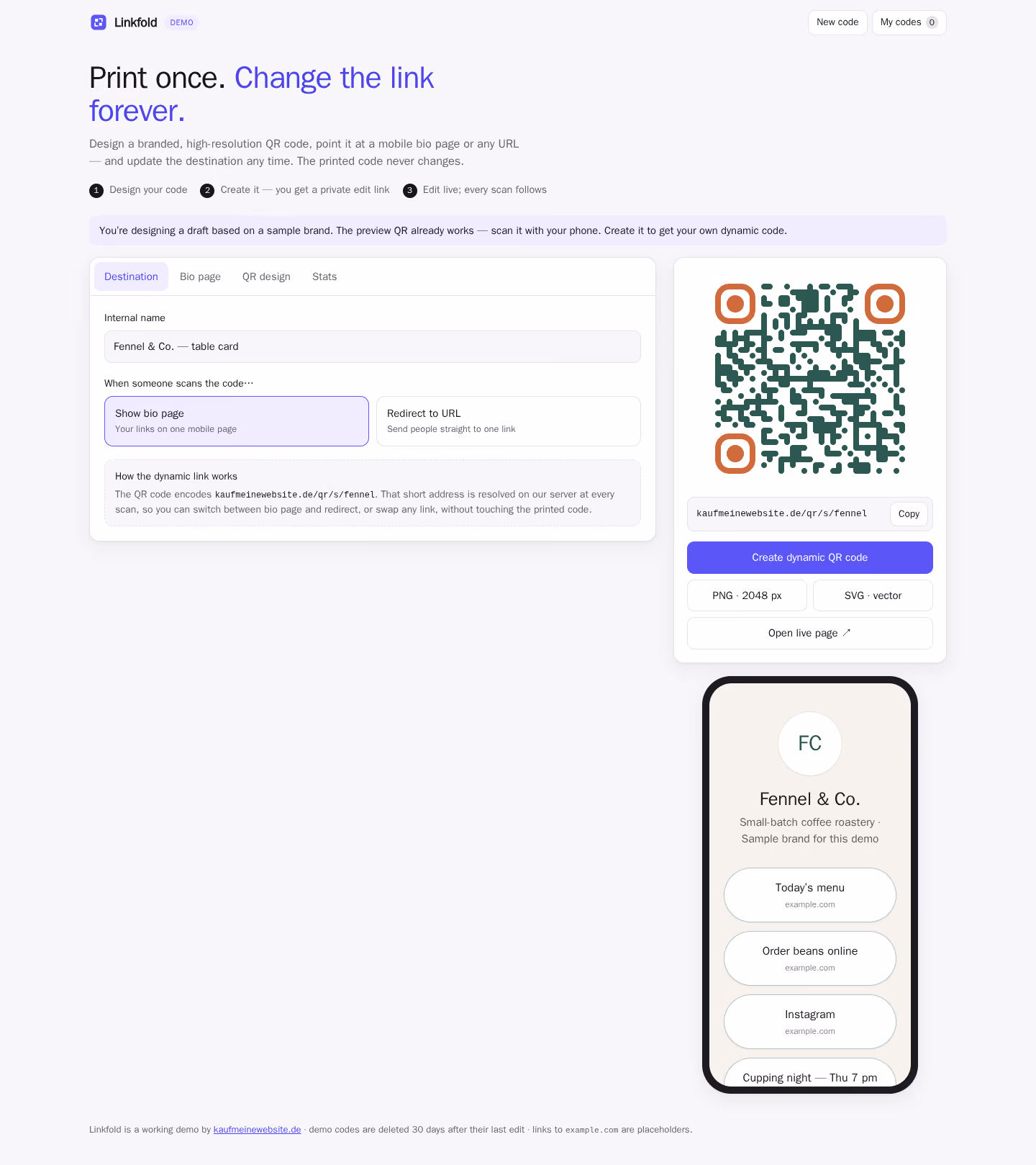 Ganzseitige Aufnahme: Linkfold — QR-Codes, die man nie neu drucken muss