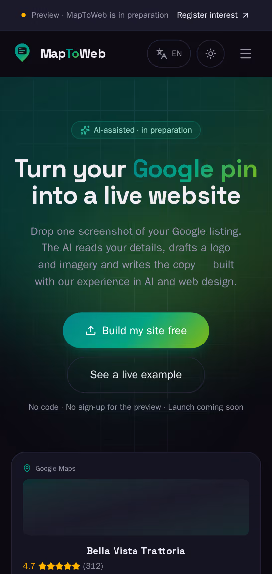 The MapToWeb website, scrolled all the way through