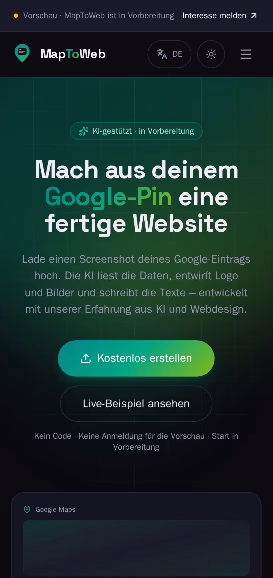 Die Website von MapToWeb, ganz durchgescrollt