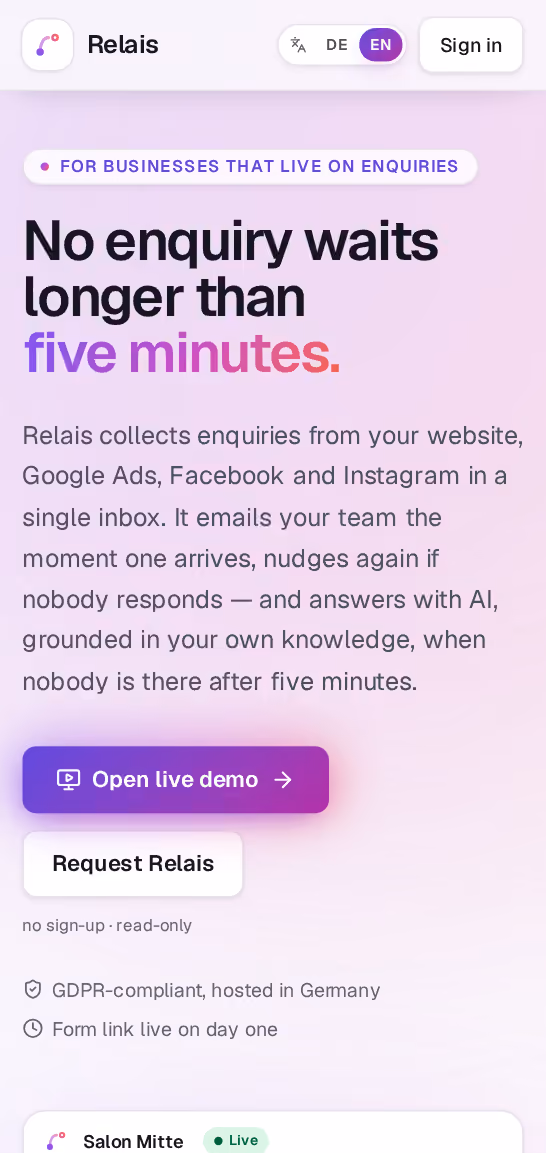 The Relais website, scrolled all the way through