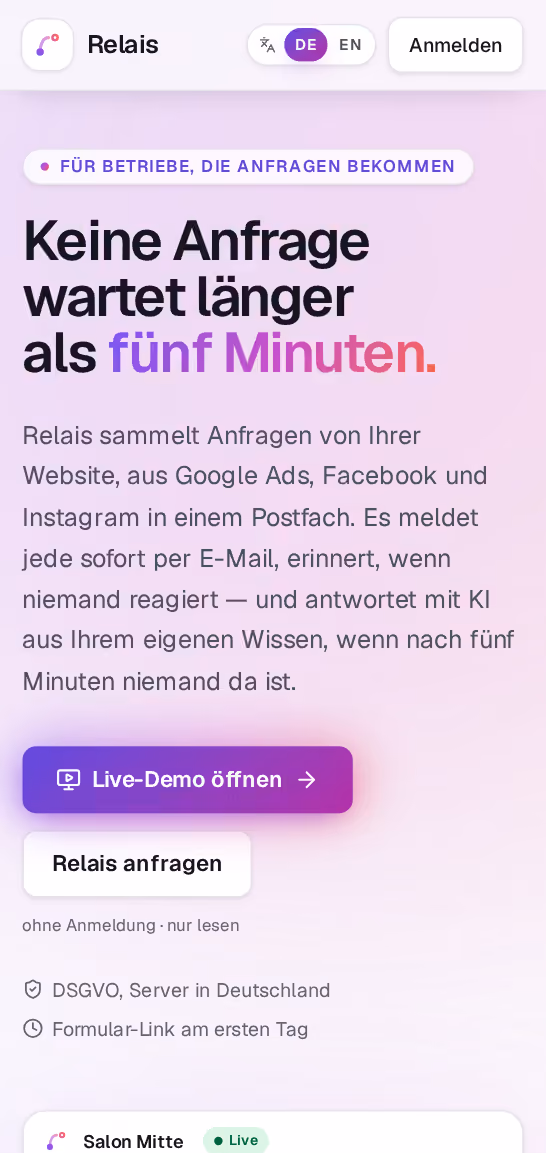 Die Website von Relais, ganz durchgescrollt