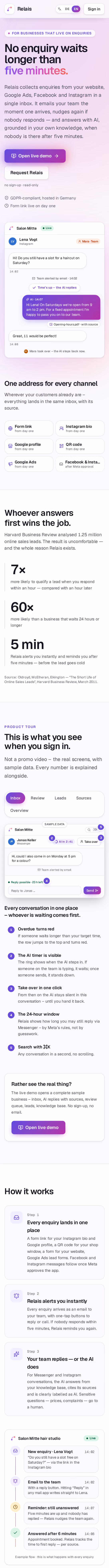 Full-page capture: Relais — The AI CRM where no enquiry waits