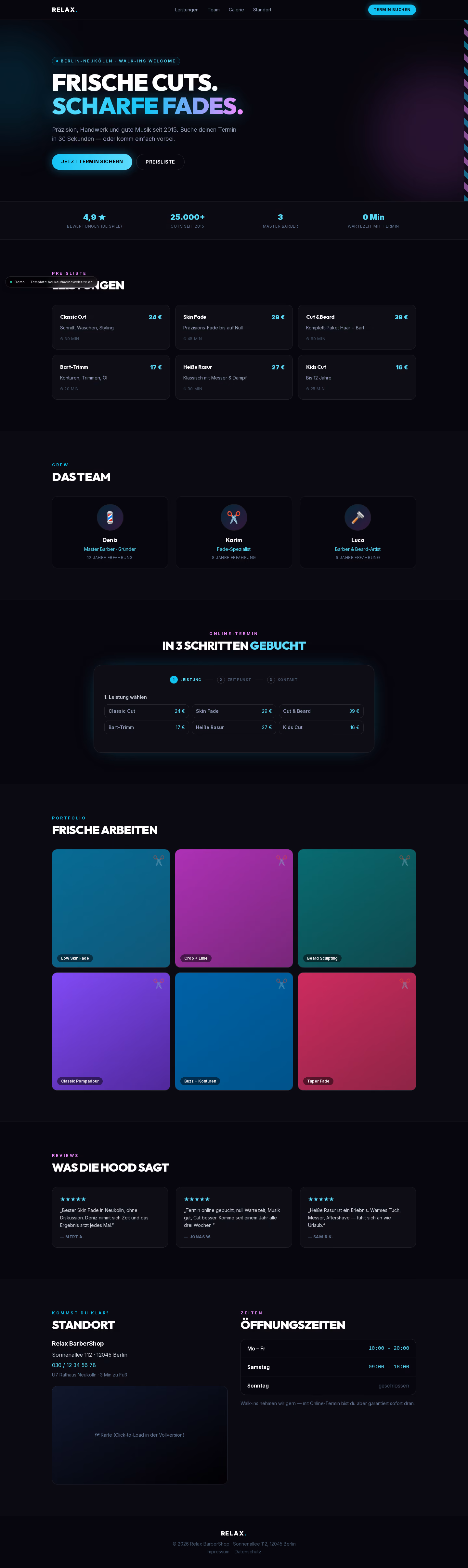 Full-page capture: Relax BarberShop — Neon barbershop with a booking flow