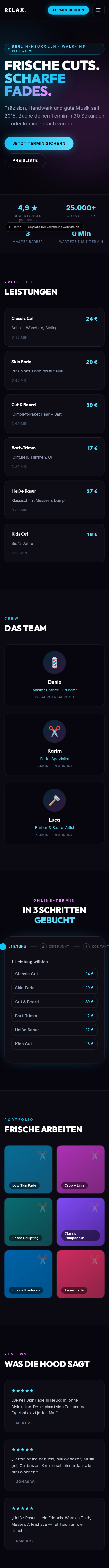 Full-page capture: Relax BarberShop — Neon barbershop with a booking flow