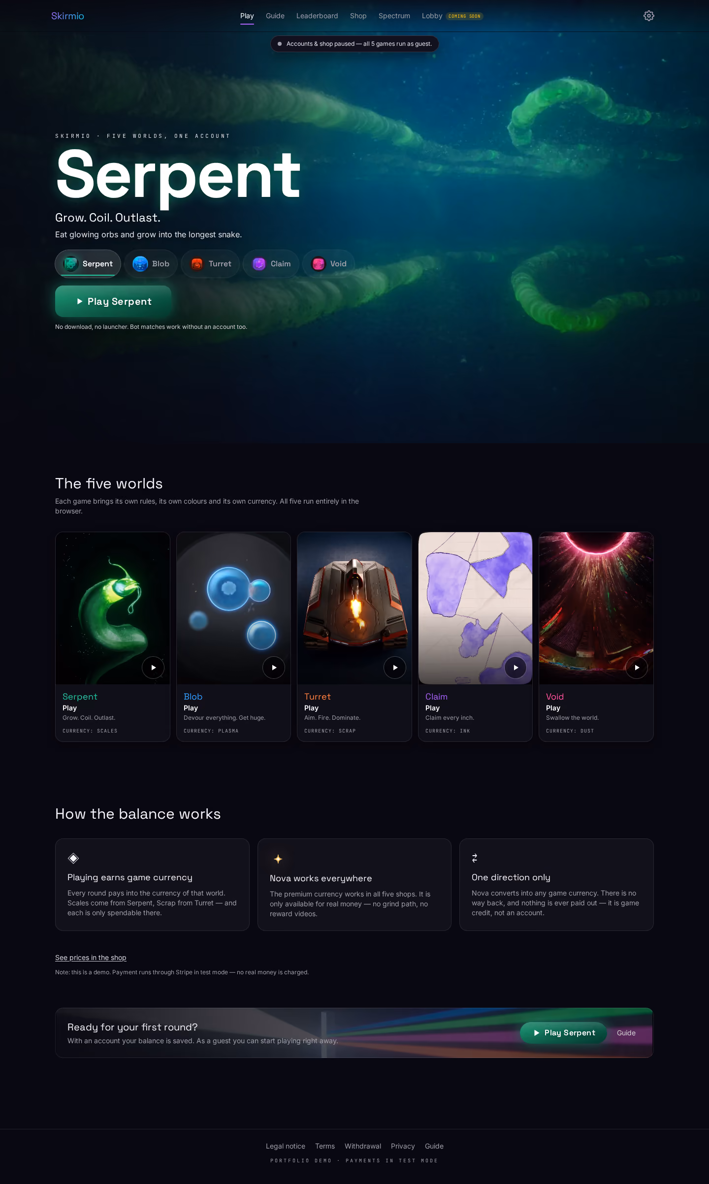 Full-page capture: Skirmio — Five games, one account