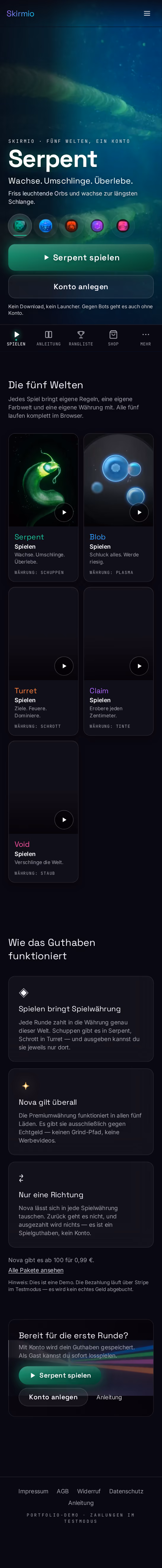 Ganzseitige Aufnahme: Skirmio — Fünf Spiele, ein Konto