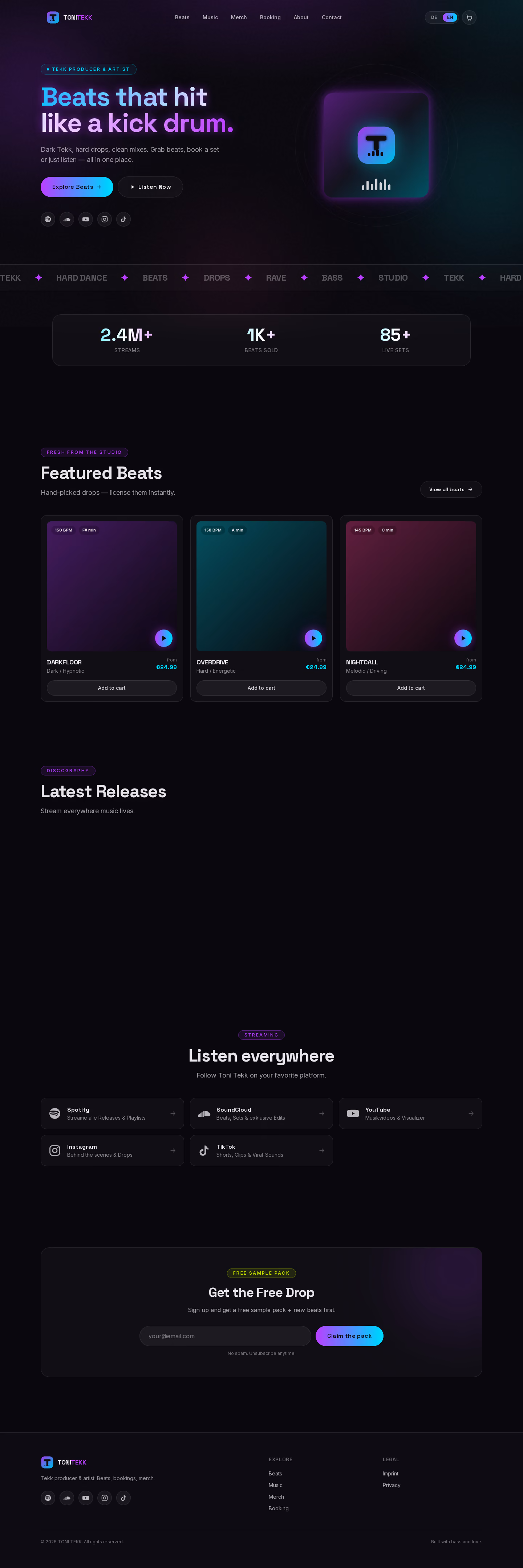 Full-page capture: TONI TEKK — Beats, Bookings, Merch