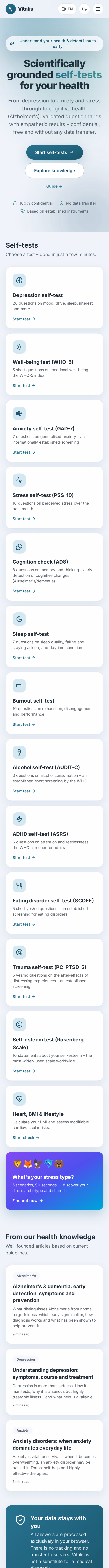 Full-page capture: Vitalis — Twelve self-checks in four languages